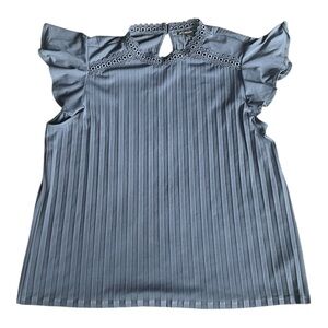 Adrianna Papell Blue Pleated Blouse Size Large Women Flutter Sleeve Embroidered